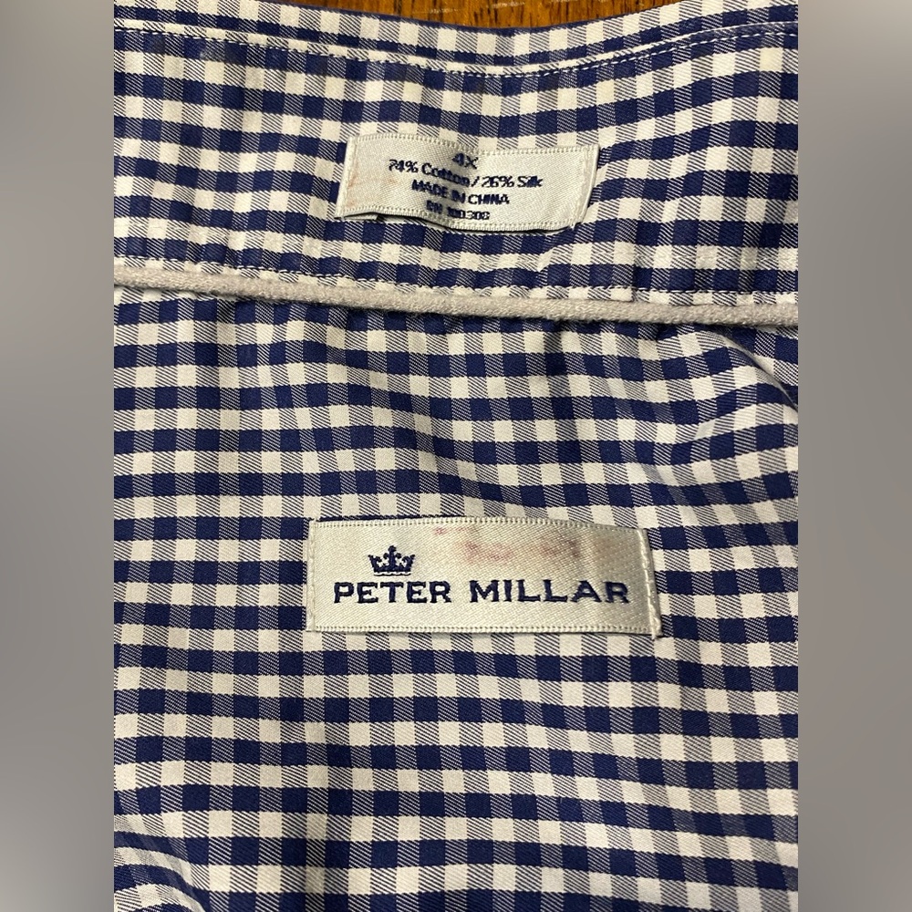 Peter Millar Crown Soft Navy & White Gingham cotton/silk blend shirt  Size 4X - Picture 3 of 10